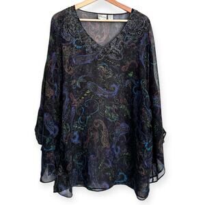 Chico's 100% Silk Sheer Paisley Print Embroidered Batwing Tunic Blouse Women's L